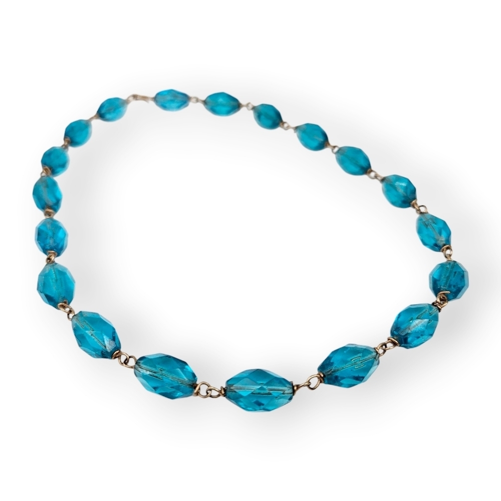 Art Deco Czech Glass Necklaces Turquoise Blue Beaded Chain Wire Link Vtg 16.5" - Picture 1 of 8